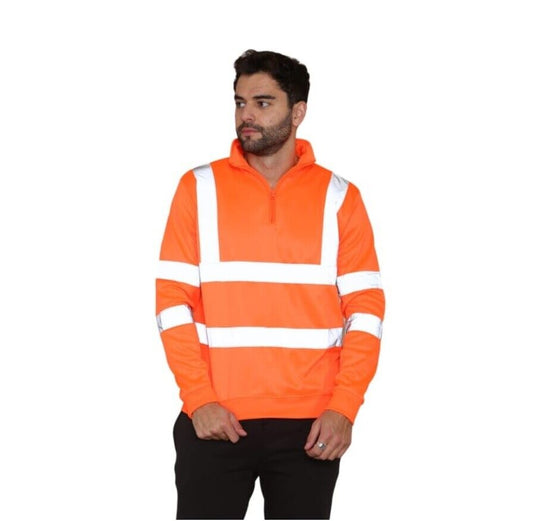 HI VIZ VIS HIGH VISIBILITY QUARTER ZIP SWEATSHIRT WORK SAFETY FLEECE SWEAT TOP