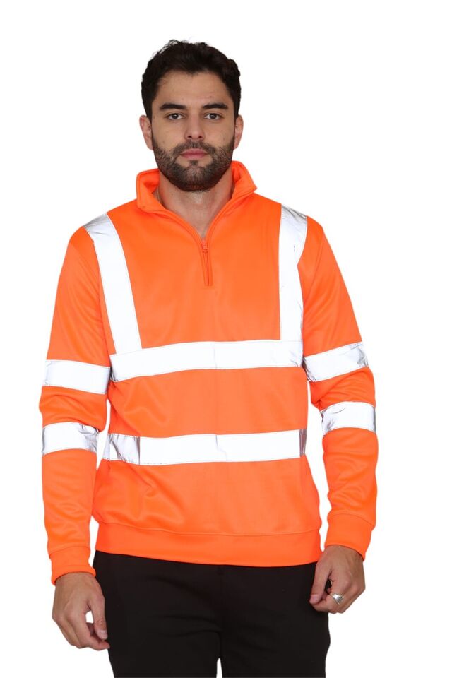 HI VIZ VIS HIGH VISIBILITY QUARTER ZIP SWEATSHIRT WORK SAFETY FLEECE SWEAT TOP