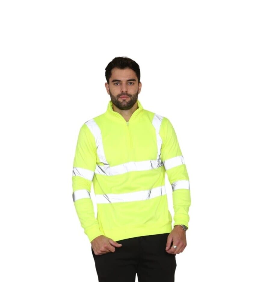 HI VIZ VIS HIGH VISIBILITY QUARTER ZIP SWEATSHIRT WORK SAFETY FLEECE SWEAT TOP