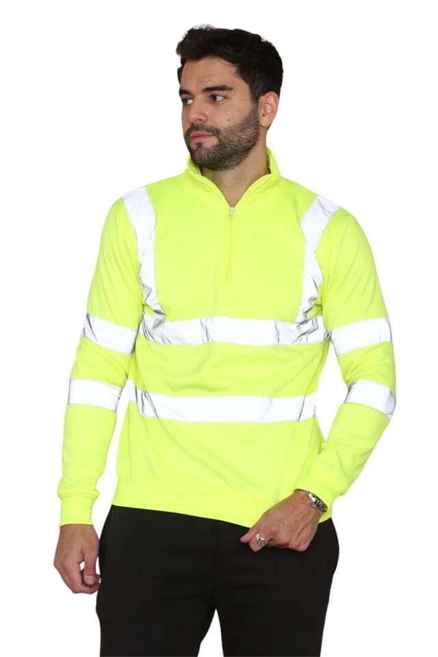 HI VIZ VIS HIGH VISIBILITY QUARTER ZIP SWEATSHIRT WORK SAFETY FLEECE SWEAT TOP