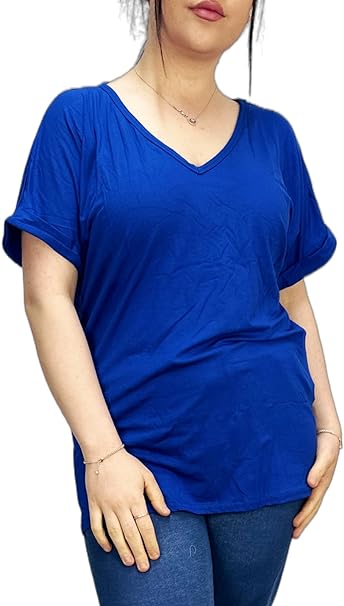 Women's New Plus Size Womens Short Turn Up Sleeve Baggy Plain Top Ladies V-Neck T-Shirt 16-26