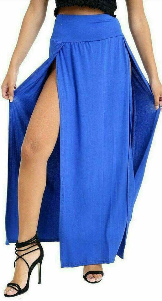 Womens Long Double Split High Waist Ladies Plain Jersey Stretch Two Side Slit Maxi Skirt