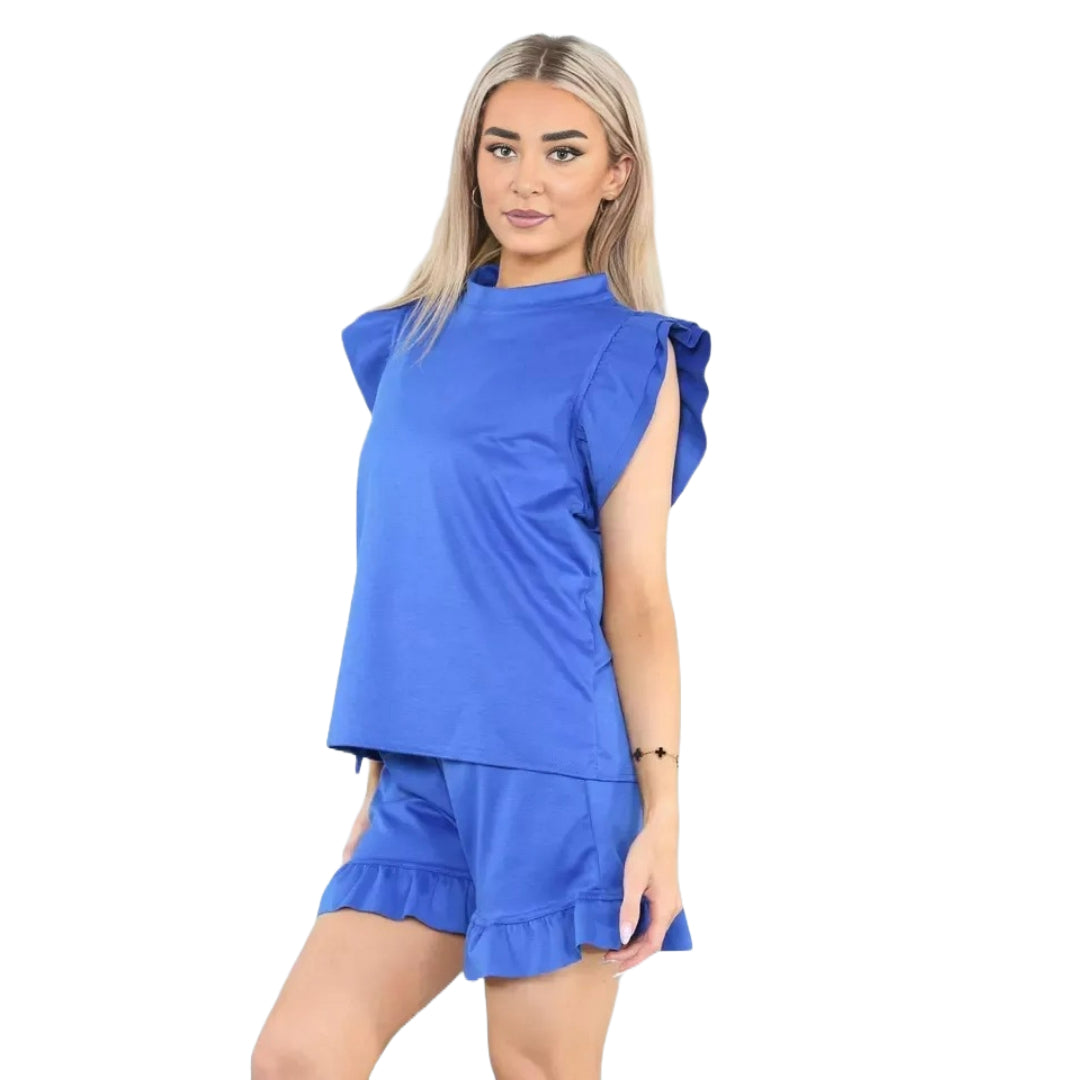 Women's Ribbed Frill Peplum Short and Top Set - Ladies Co-Ord 2 Pcs Summer Longwear Tracksuit UK Plus Size 8-22