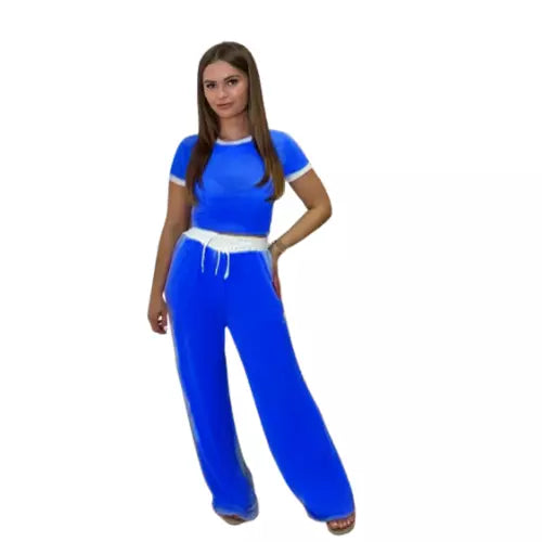 LUXE DIVA Ladies Ribbed Contrast Cap Sleeve Crop Top & Trouser 2 Piece Co ord Set 8-18 Comfort Fit Womenswear Chic Comfortable Cropped Suits Lady Basic