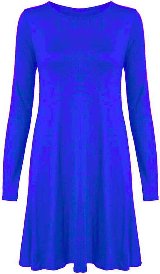 Womens Plain Long Sleeve Stretch A Line Skater Flared Swing Dress Top