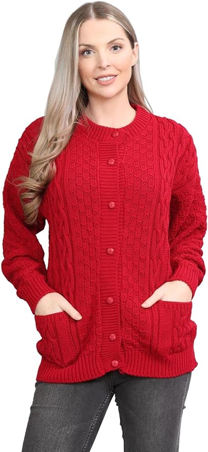 Womens Cable Knit Crew Neck Cardigan Ladies Knitted Pocket Front Button Up Aran Long Sleeve Sweater UK 8-22