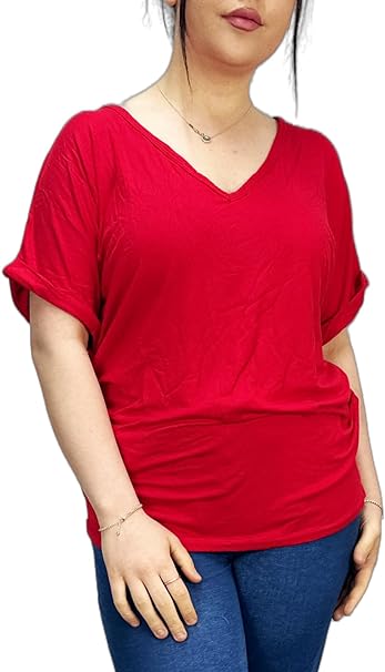 Women's New Plus Size Womens Short Turn Up Sleeve Baggy Plain Top Ladies V-Neck T-Shirt 8-14