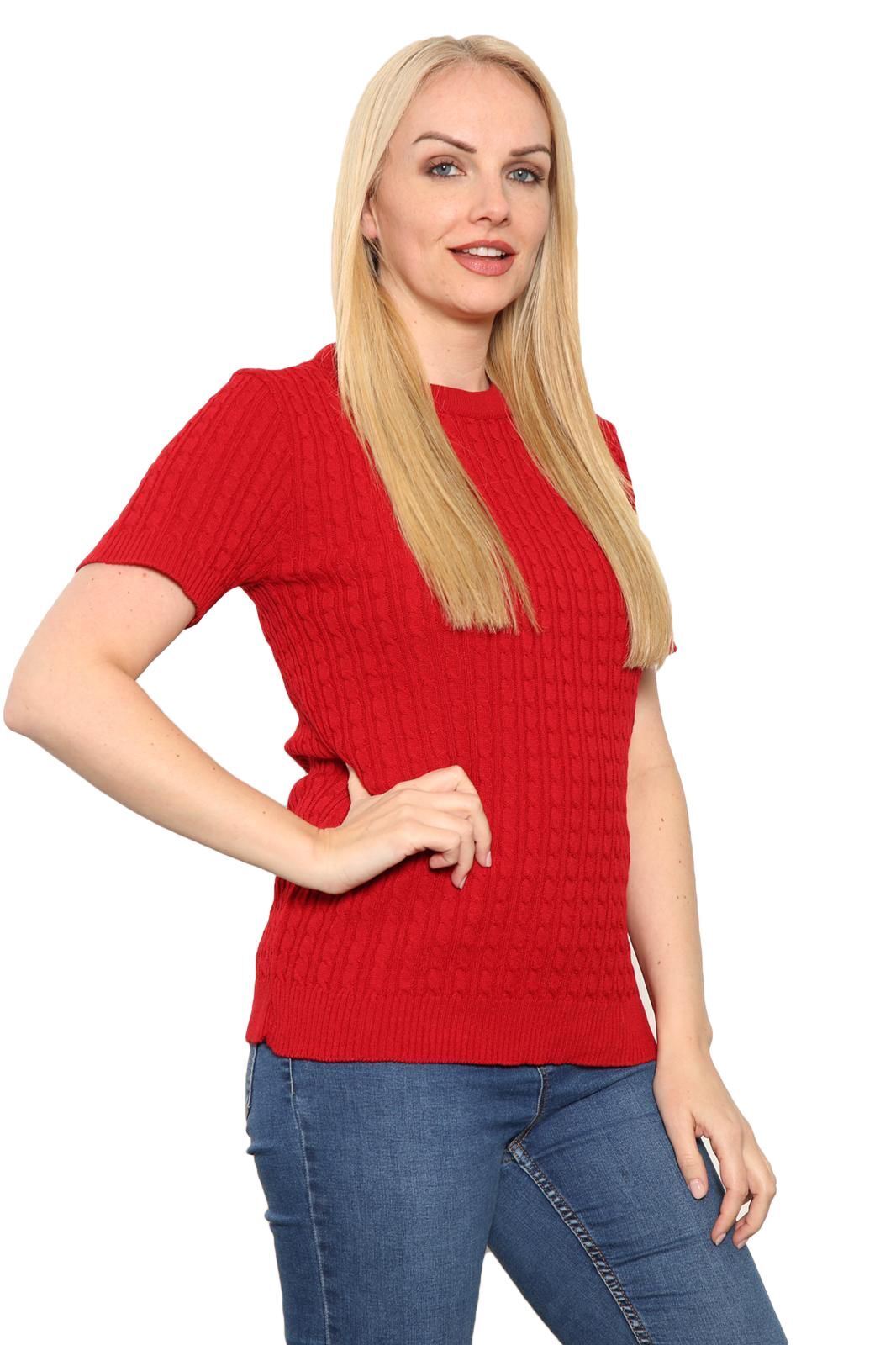 Womens Cable Knitted Jumper Short Sleeve Crew Neck Soft Smooth Warm Pullover Top