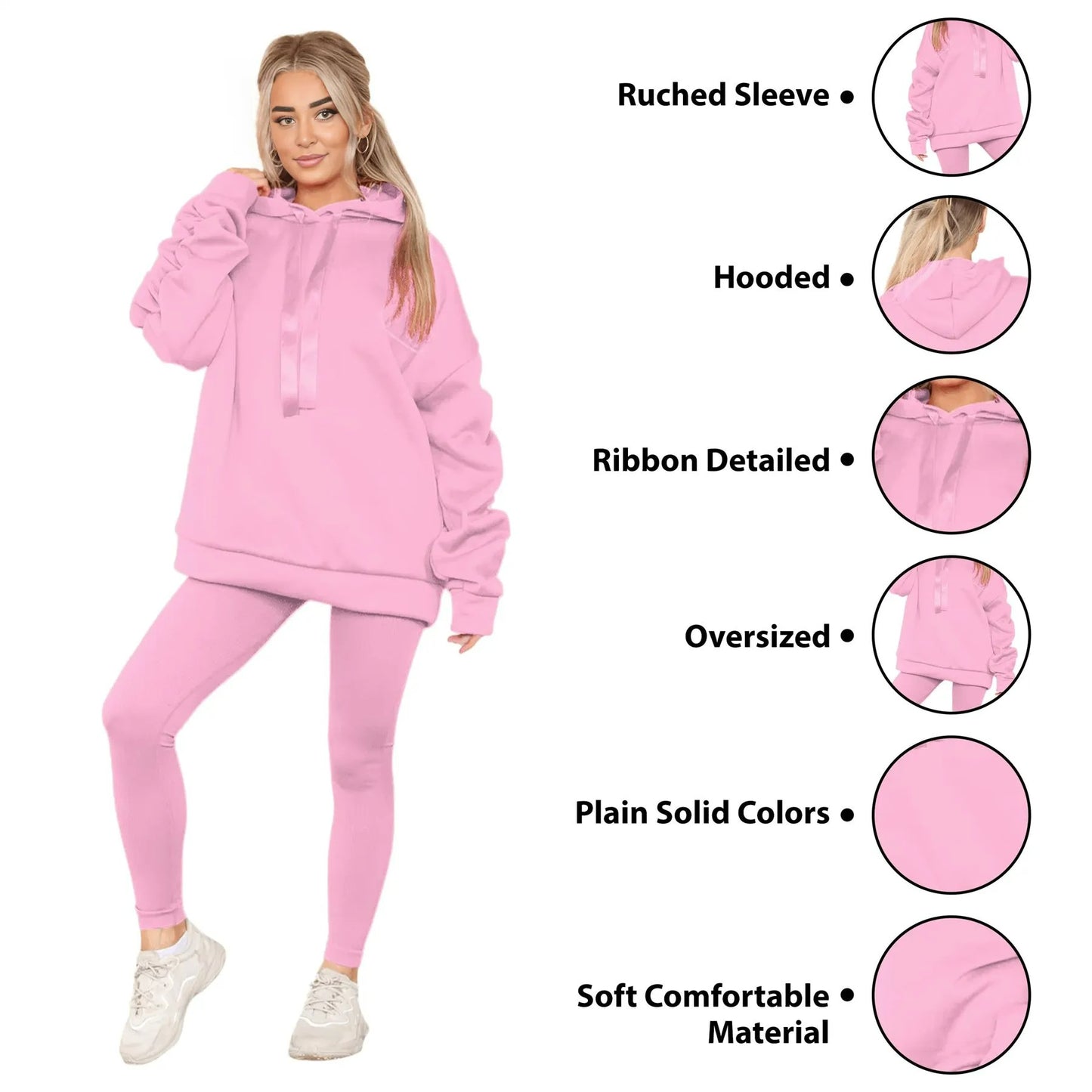 Womens Ladies Ruched Sleeve Fleece Hoodie Oversized Hooded Sweatshirt Jumper Top