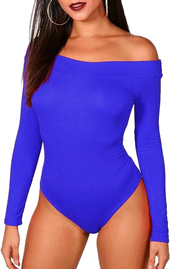 Ladies Womens Off Shoulder Long Sleeve Top Plain Stretch Bardot Bodysuit Leotard UK 8-26