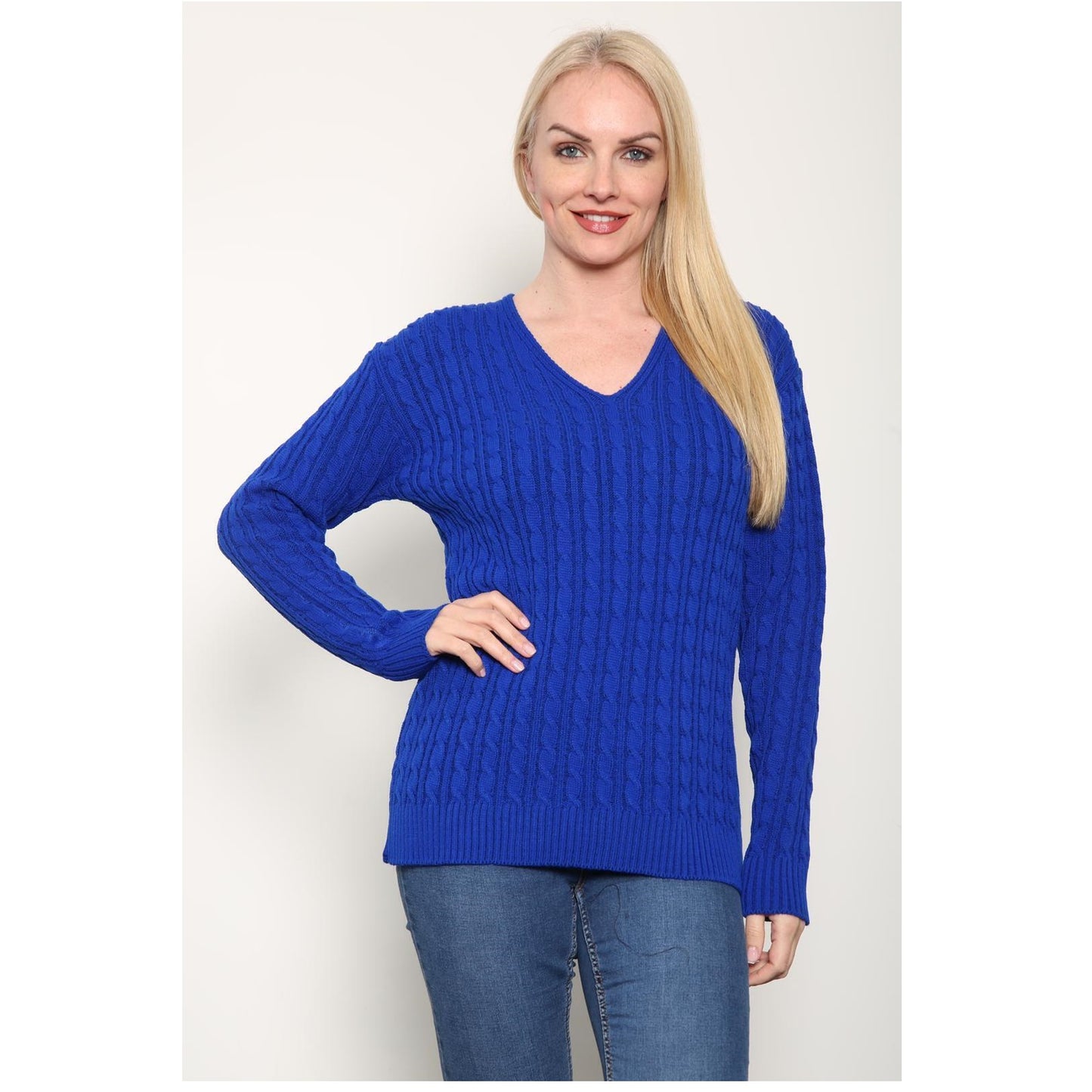 Ladies Long Sleeve V-Neck Knitted Cable Jumper