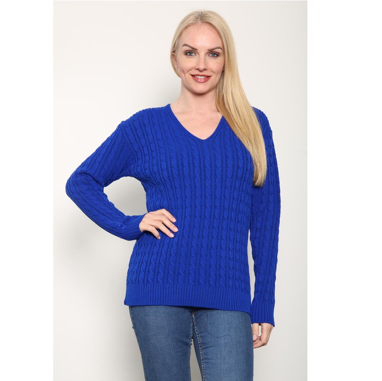 WOMEN'S LADIES CABLE KNITTED LONG SLEEVE CABLE JUMPER V NECK TOP WINTER SWEATER