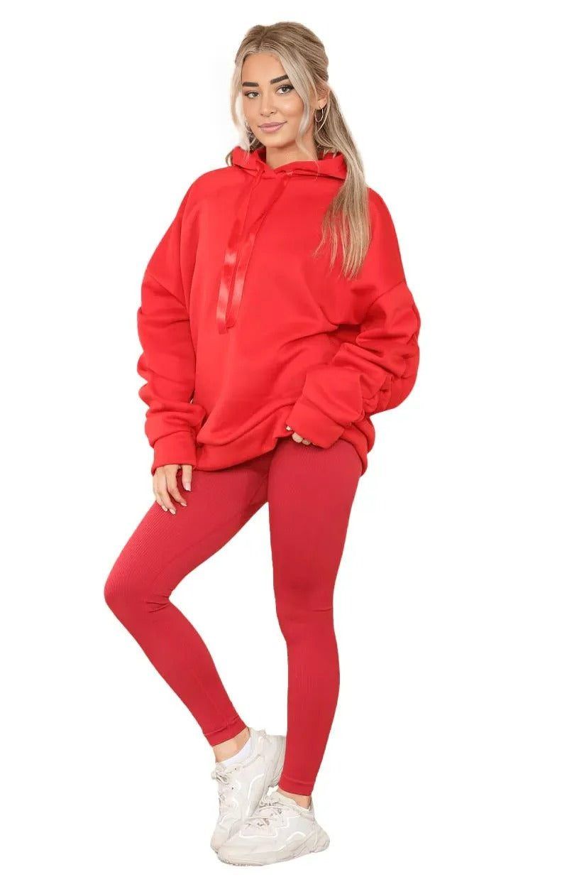 Womens Ladies Ruched Sleeve Fleece Hoodie Oversized Hooded Sweatshirt Jumper Top