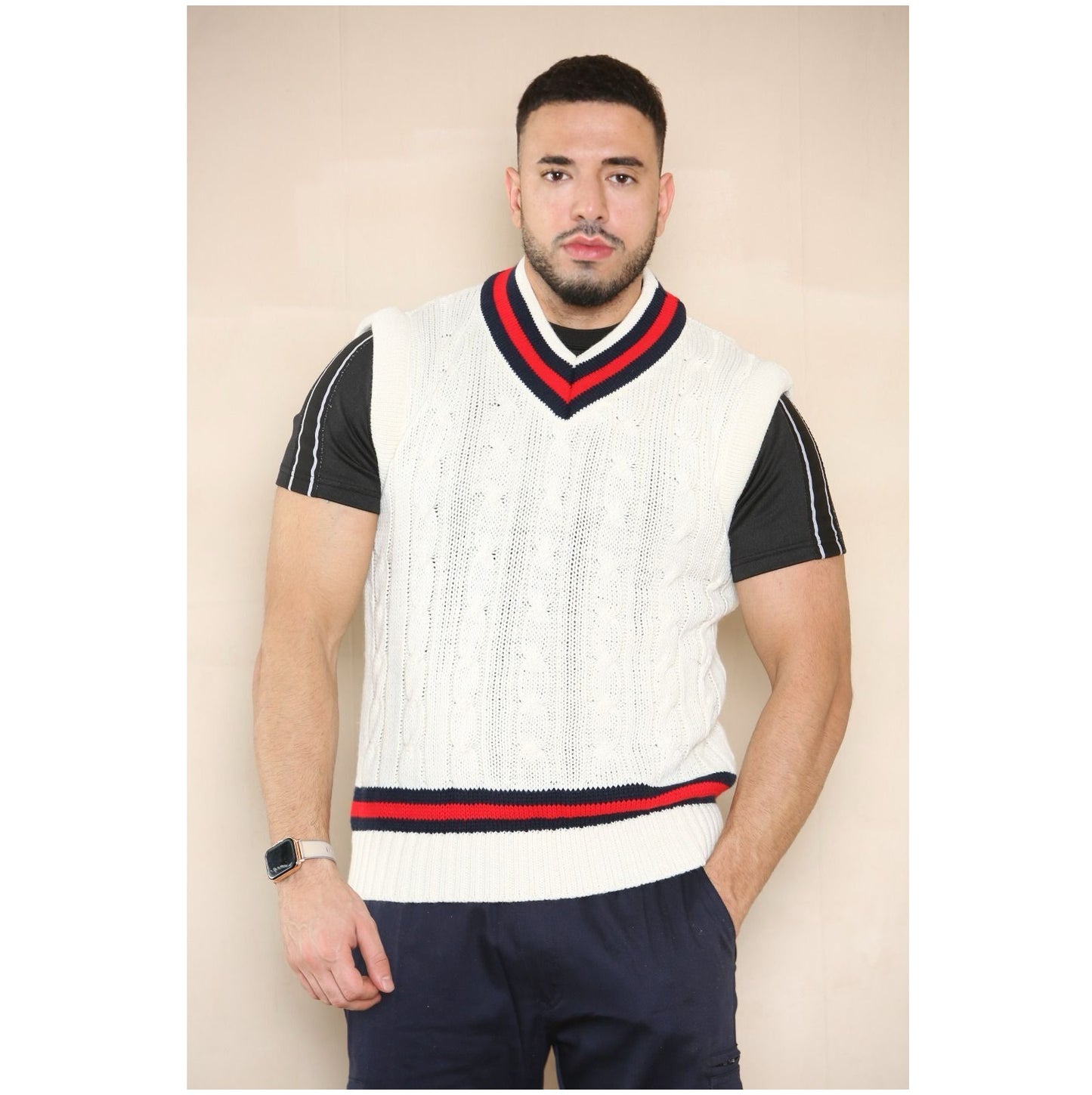 Mens Cricket Jumper V Neck Sleeveless Casual Wear Cable Knitted tank top 8 to 26