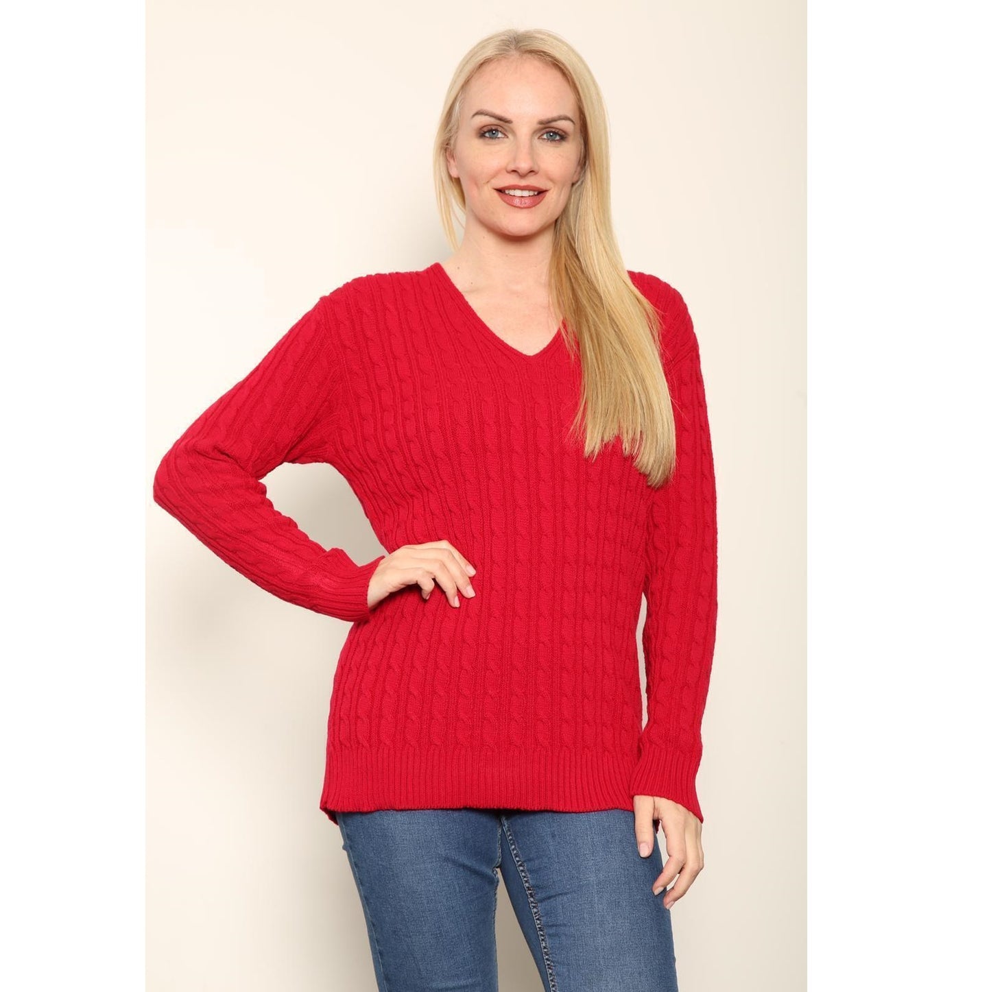 Ladies Long Sleeve V-Neck Knitted Cable Jumper