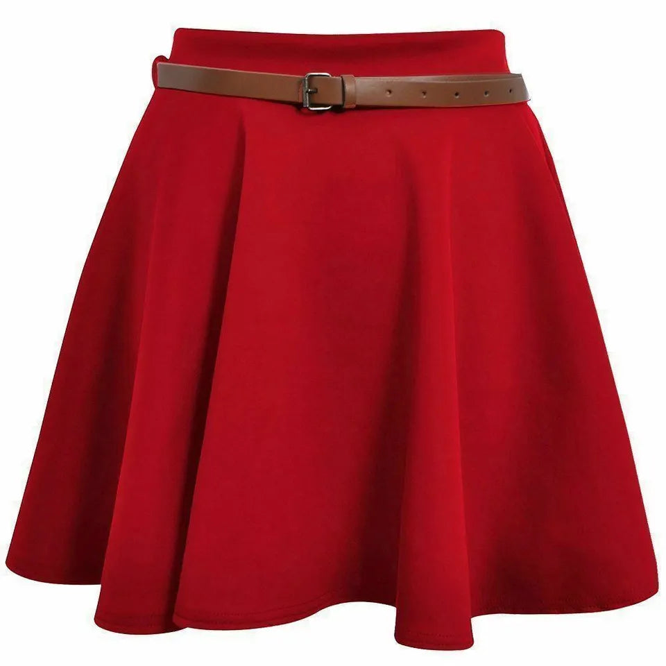 LUXE DIVA Womens Belted Flared Mini Swing Skirt Short Skater Party Plain Ladies UK 8-22