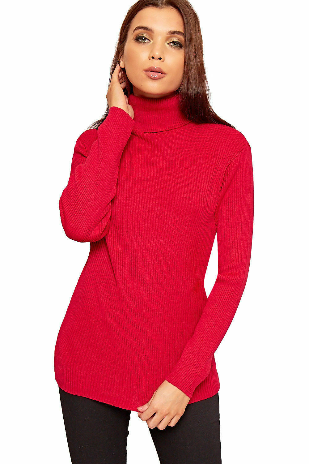 Plus Size Ladies High Polo Roll Neck Long Sleeve Ribbed Knitted Jumper Sweater