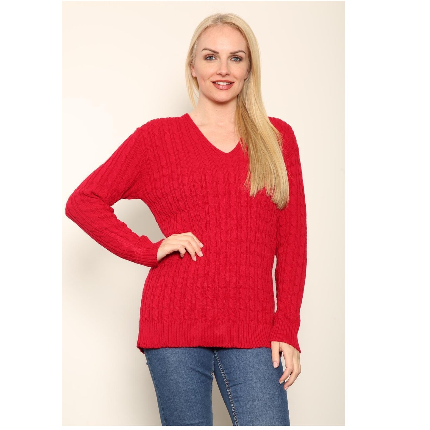 WOMEN'S LADIES CABLE KNITTED LONG SLEEVE CABLE JUMPER V NECK TOP WINTER SWEATER