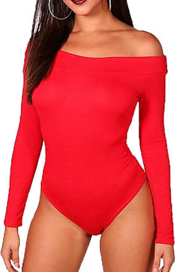 Ladies Womens Off Shoulder Long Sleeve Top Plain Stretch Bardot Bodysuit Leotard UK 8-26