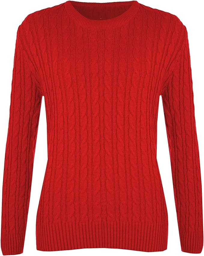 Ladies Long Sleeve Round Neck Knitted Cable Women’s Jumper Knitted Sweater Pull Over Jumper Top Knit Warm Winter Chunky Everyday Casual Pullover Plain Tops Sizes 8-26