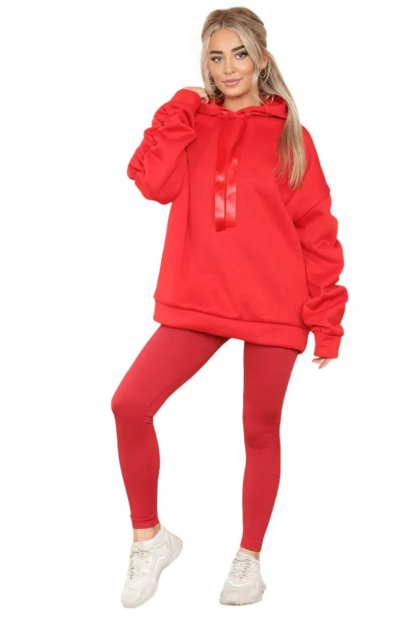 Womens Ladies Ruched Sleeve Fleece Hoodie Oversized Hooded Sweatshirt Jumper Top