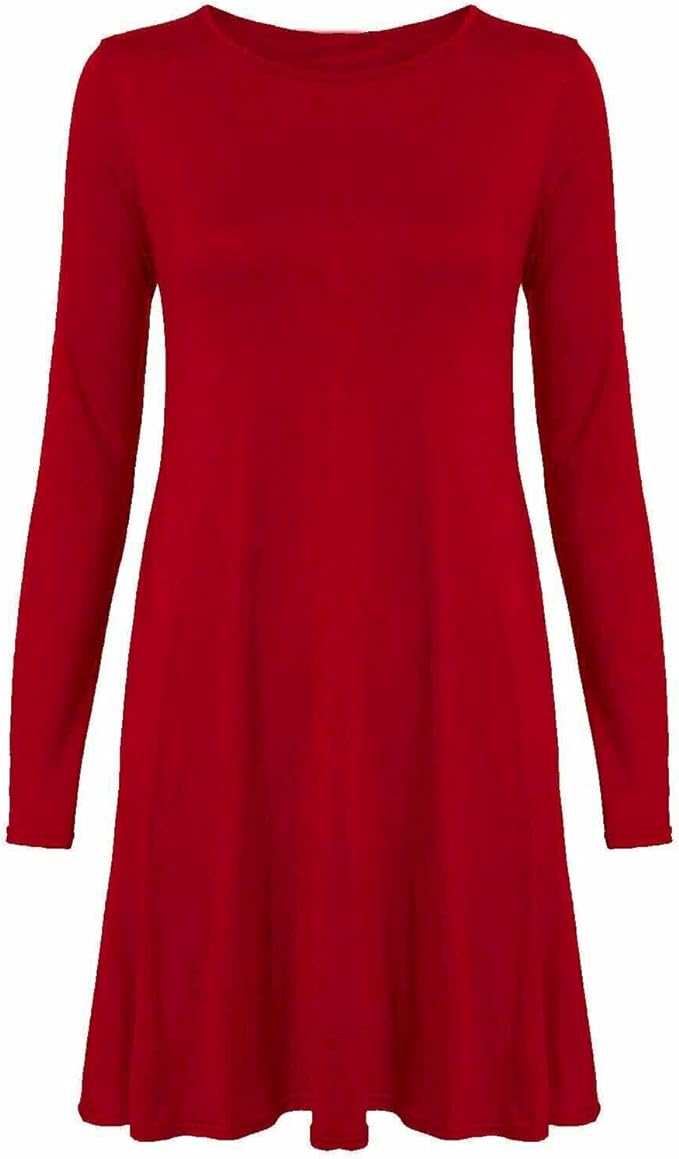 Womens Plain Long Sleeve Stretch A Line Skater Flared Swing Dress Top