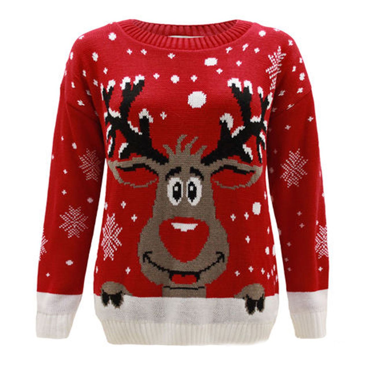 LUXE DIVA Women's Knitted Rudolph on wall Xmas Snowflake Ladies kids Reindeer Pom Jumpers