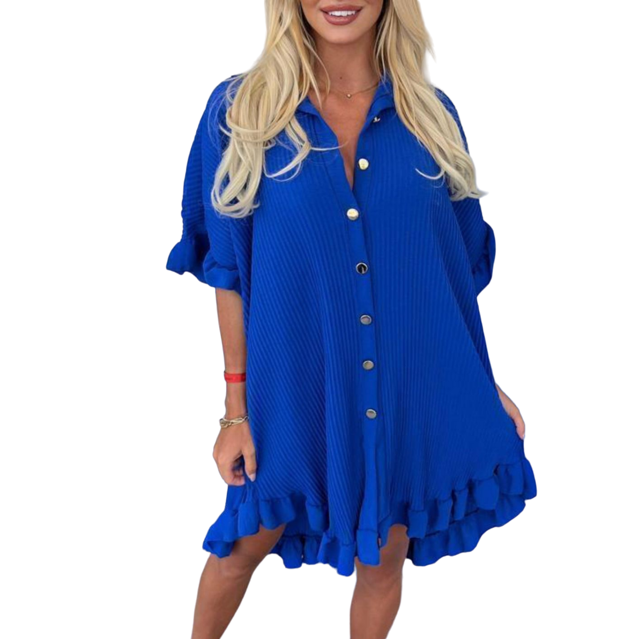 Womens Ladies Gold Button Pleated Frill Summer Shirt Swing Smock Mini Dress Top