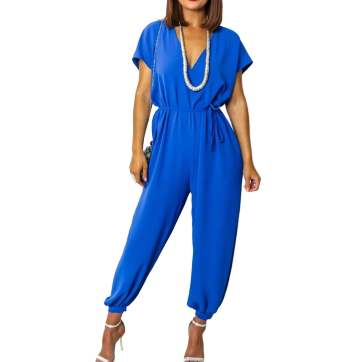 LUXE DIVA Womens V Neck Tie Belted Waist Parachute Wide Leg Jumpsuit Ladies Harem Playsuit