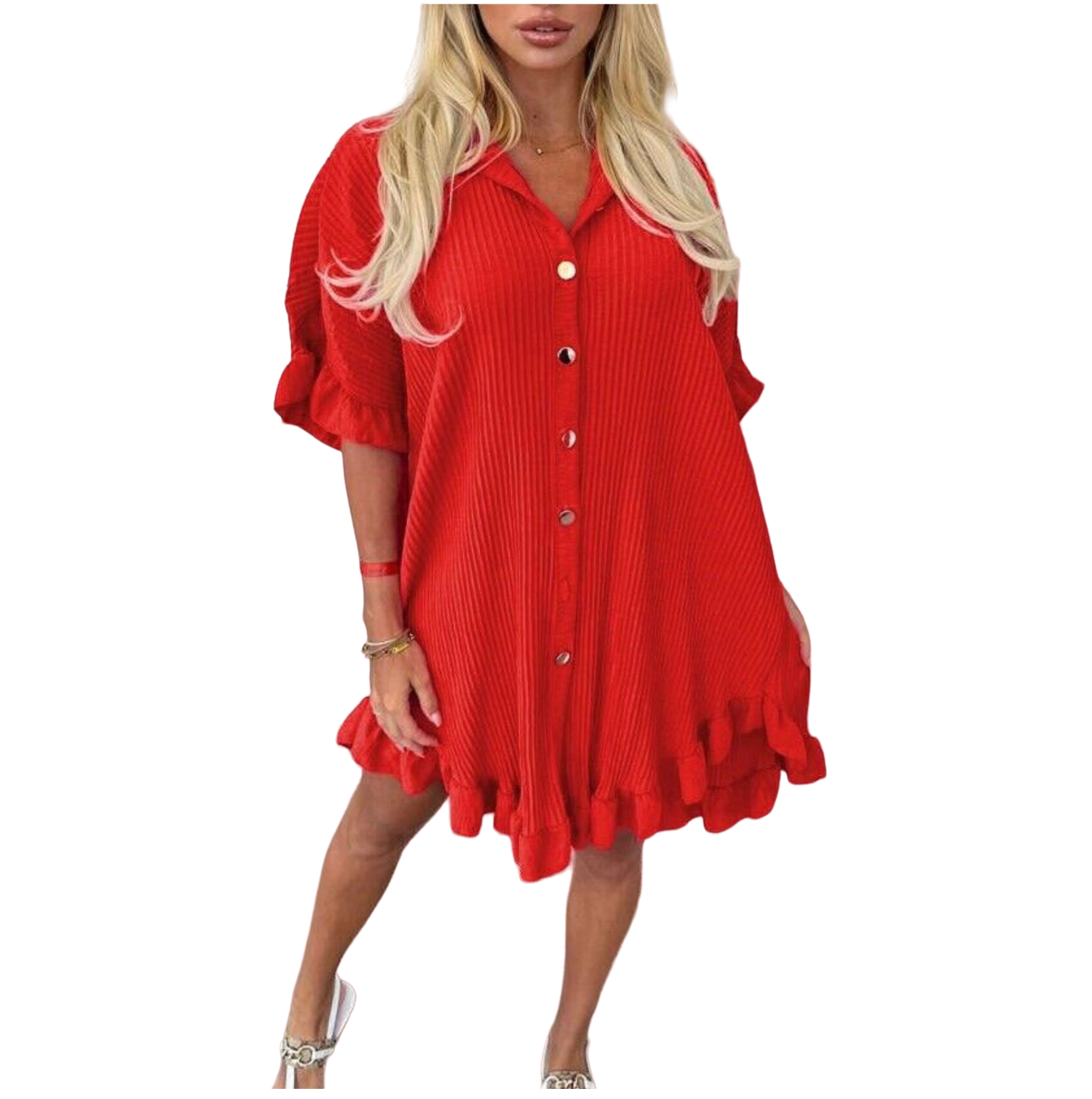 Womens Ladies Gold Button Pleated Frill Summer Shirt Swing Smock Mini Dress Top