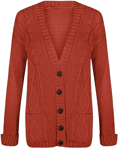 New Womens Everyday Long Sleeve Button Top Ladies Chunky Aran Cable Knit Grandad Cardigan UK Size 8-14