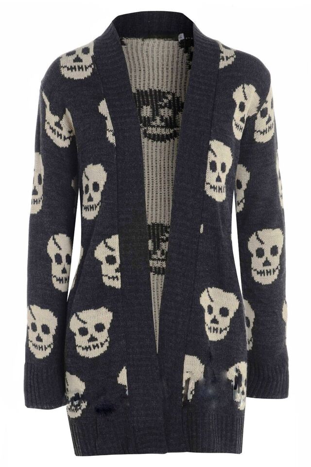 Women's Halloween Skull Drape Aztec Long Knitted Cardigan Ladies Owl Leopard Open Jumper Knitwear Top UK 8-22