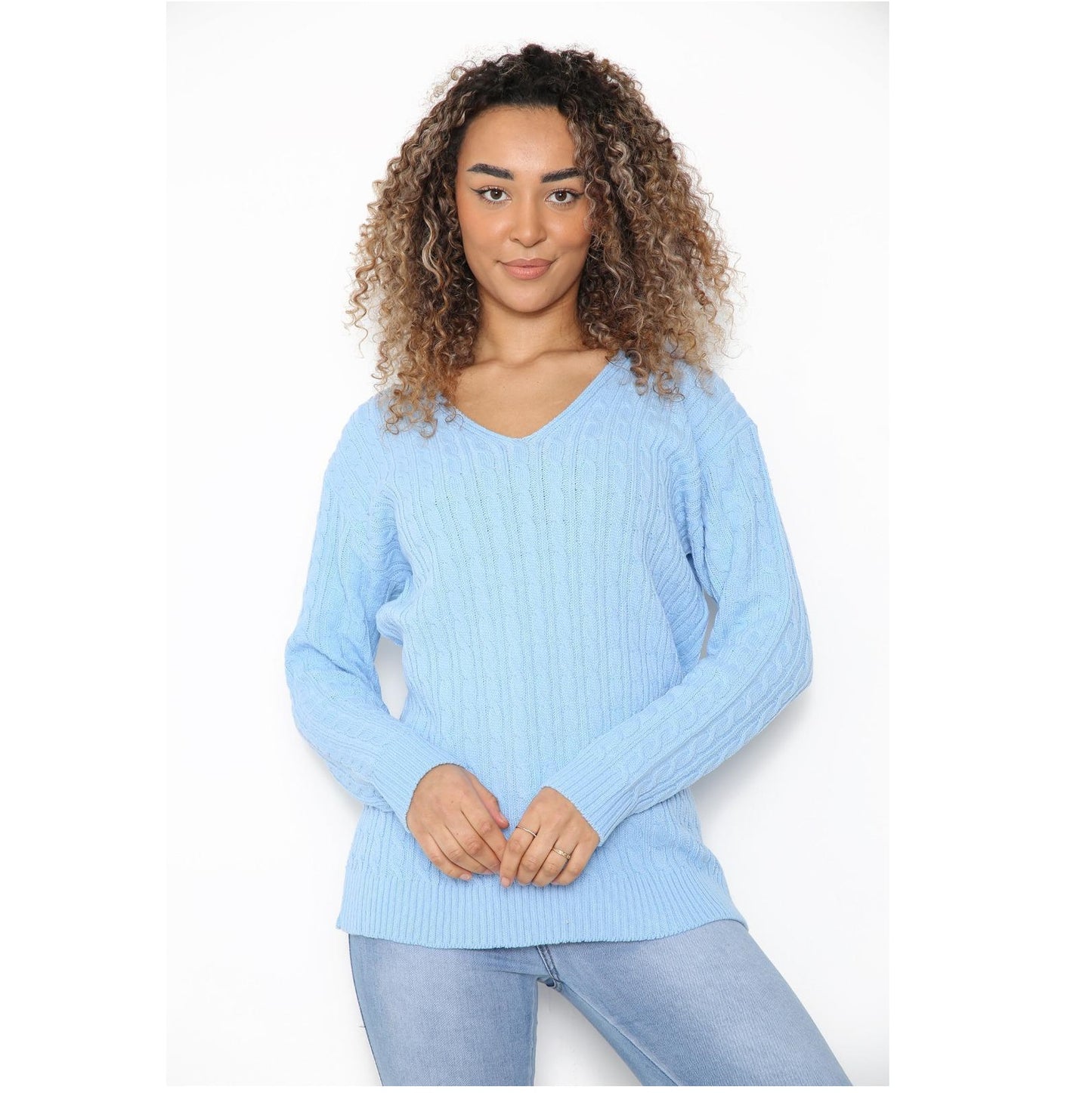 Ladies Long Sleeve V-Neck Knitted Cable Jumper