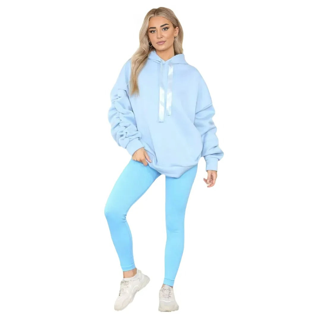 Womens Ladies Ruched Sleeve Fleece Hoodie Oversized Hooded Sweatshirt Jumper Top