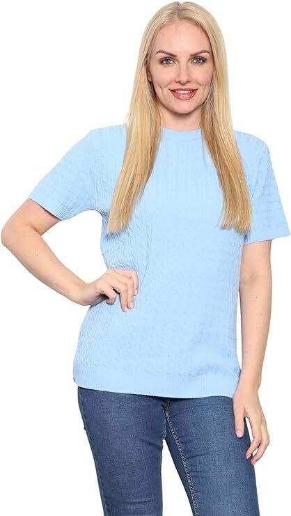 Womens Cable Knitted Jumper Short Sleeve Crew Neck Soft Smooth Warm Pullover Top