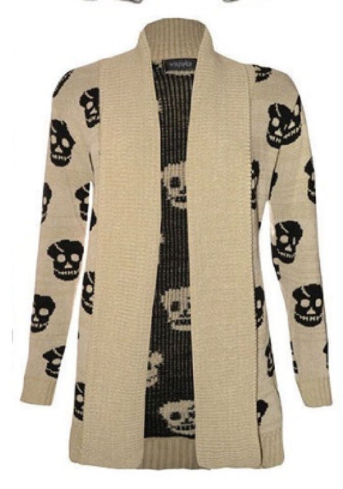 Women's Halloween Skull Drape Aztec Long Knitted Cardigan Ladies Owl Leopard Open Jumper Knitwear Top UK 8-22