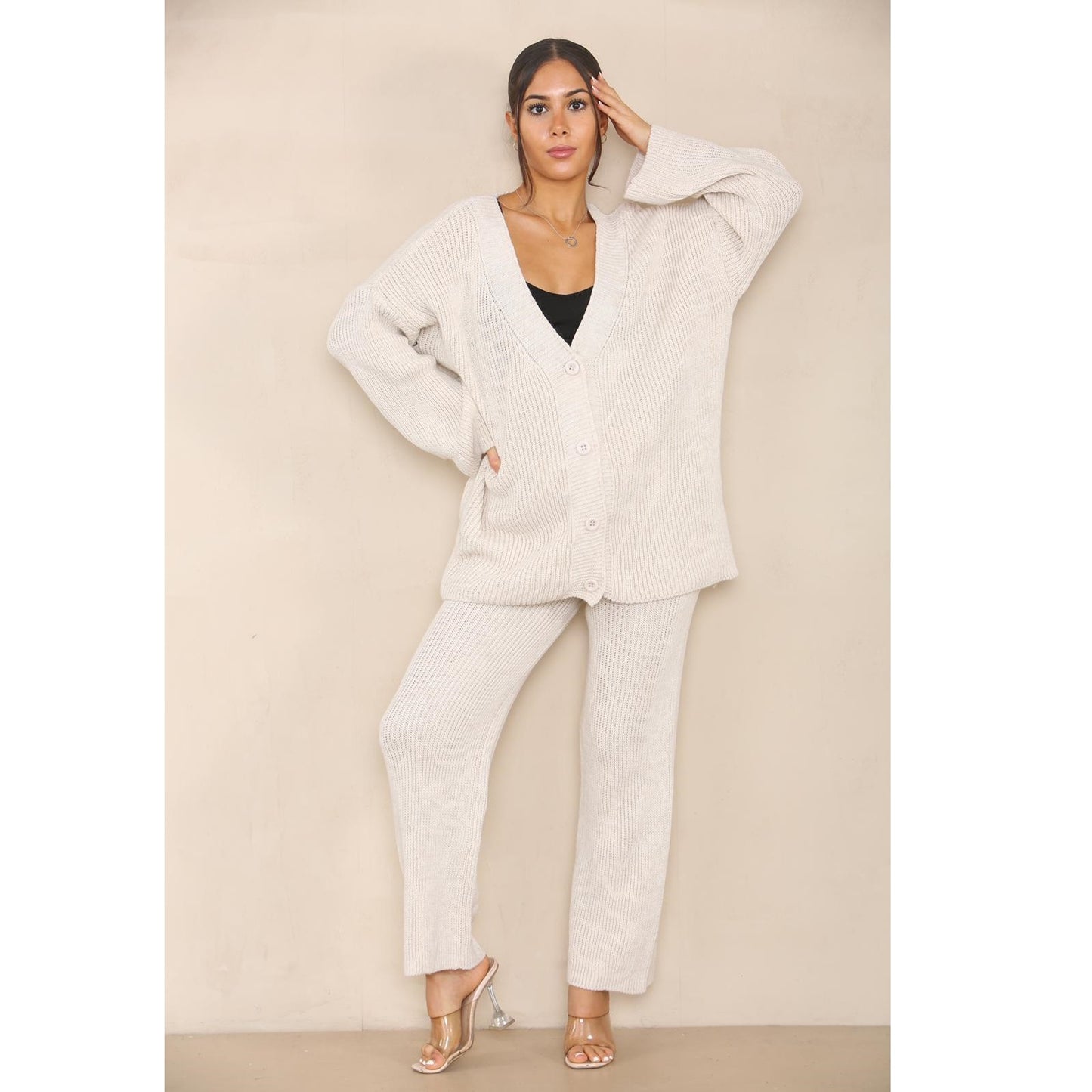 Womens Knitted Loungewear Sets Ladies Plain Chunky 4 Button Casual Winter Warm Oversized Baggy Loose Fit Ladies 2 Piece Tracksuits UK 8-14