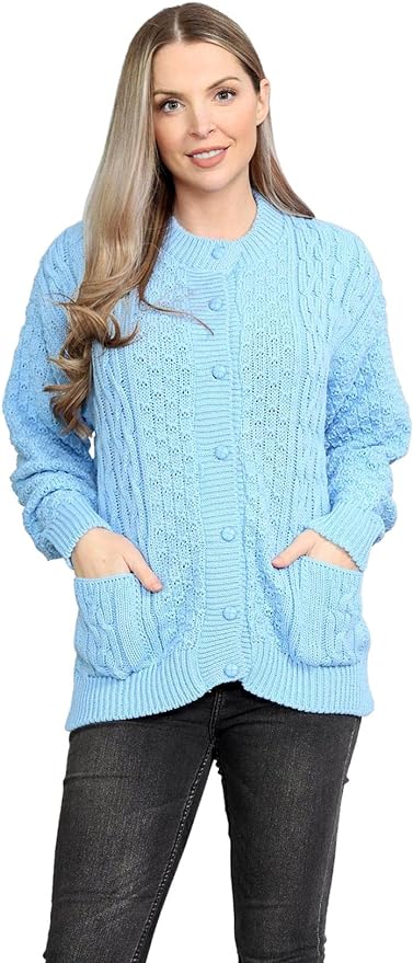 Womens Cable Knit Crew Neck Cardigan Ladies Knitted Pocket Front Button Up Aran Long Sleeve Sweater UK 8-22