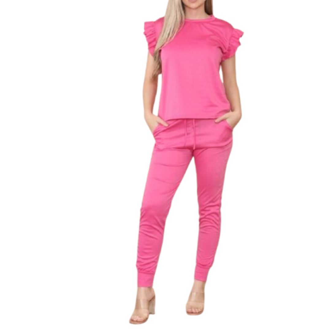 LUXE DIVA Womens Tracksuit Frill Peplum Sleeve Boxy Top Bottom Ladies Lounge Wear Set