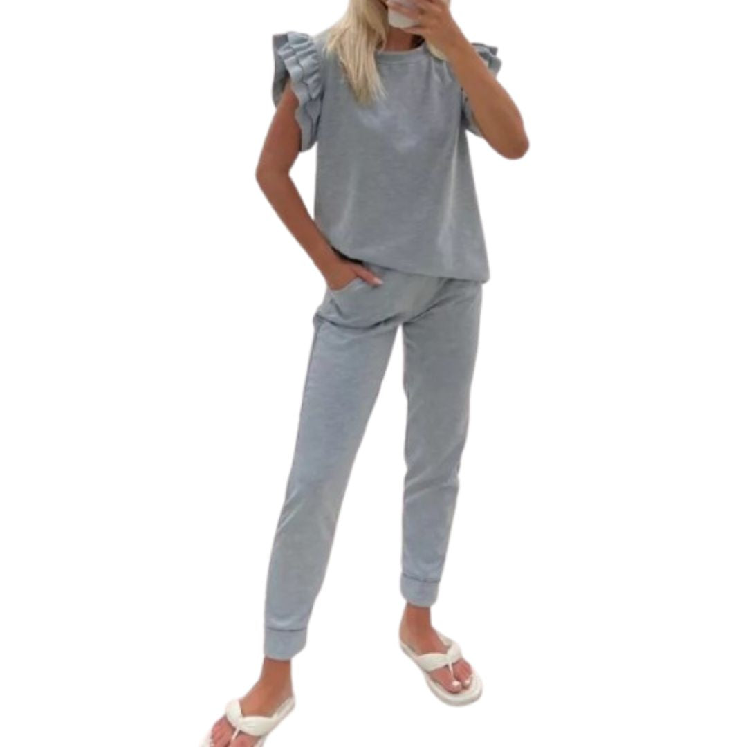 LUXE DIVA Womens Tracksuit Frill Peplum Sleeve Boxy Top Bottom Ladies Lounge Wear Set