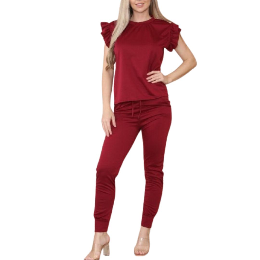 LUXE DIVA Womens Tracksuit Frill Peplum Sleeve Boxy Top Bottom Ladies Lounge Wear Set