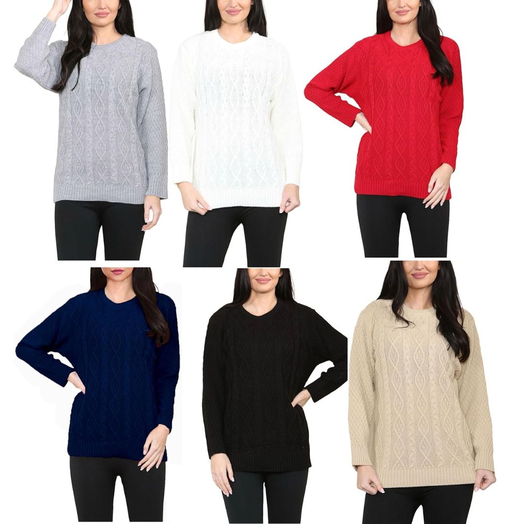 LUXE DIVA LADIES ROUND NECK LONG SLEEVE KNITTED JUMPER SELF PATTERN WITH DIAMOND ALL WAY DOWN CABLE KNIT