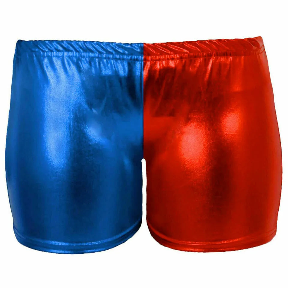 Ladies Girls Kids Halloween Costume Shiny Wet Look Jacket, Leggings, Pants Women Metallic Red & Blue Hot Sexy Shorts