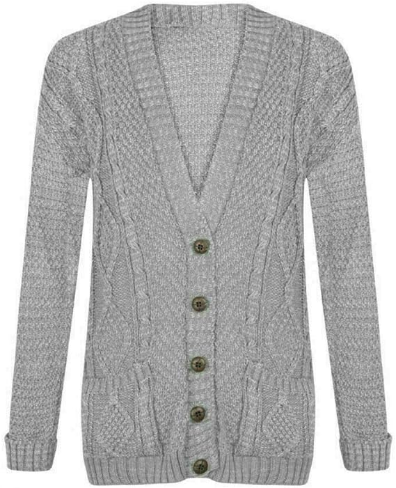 New Womens Everyday Long Sleeve Button Top Ladies Chunky Aran Cable Knit Grandad Cardigan UK Size 16-26