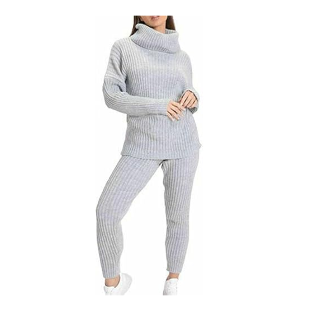 LUXE DIVA Ladies Chunky Knitted Ribbed Polo High Neck Top Set Womens Leggings Loungewear Joggers Tracksuit0