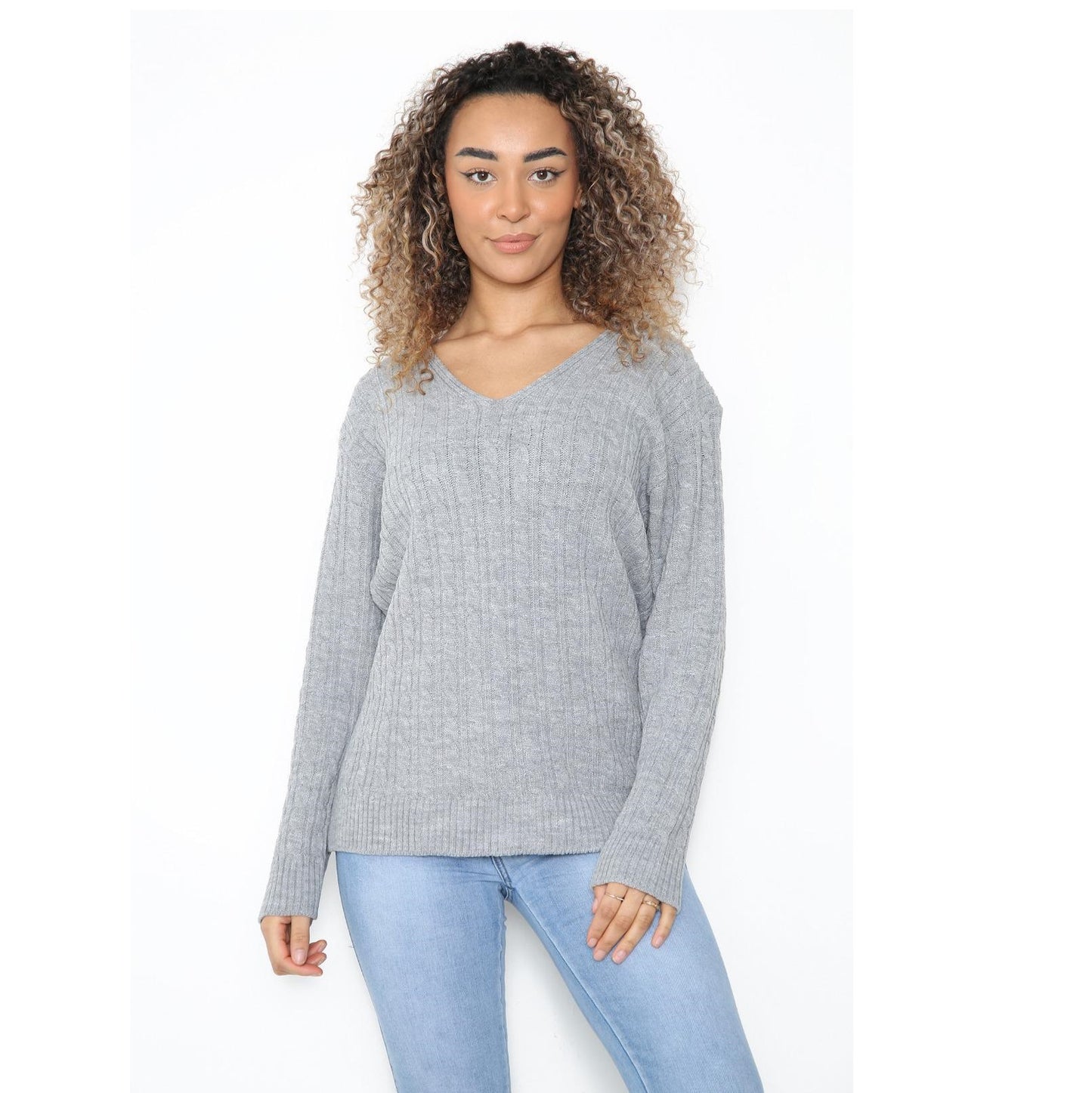 WOMEN'S LADIES CABLE KNITTED LONG SLEEVE CABLE JUMPER V NECK TOP WINTER SWEATER