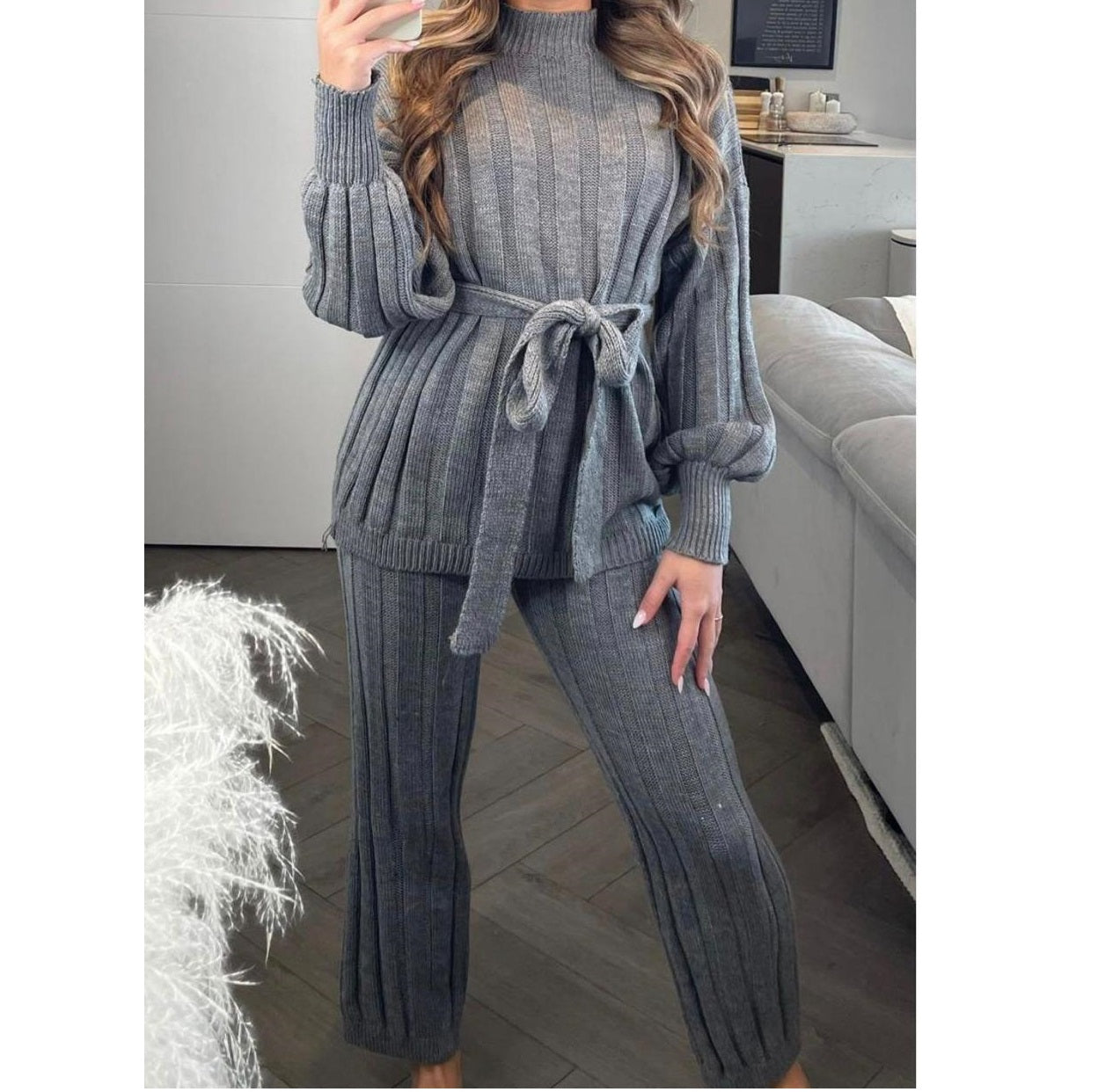 Ladies women high neck belted knitted two piece set lounge wear 2PCs Tracksuits