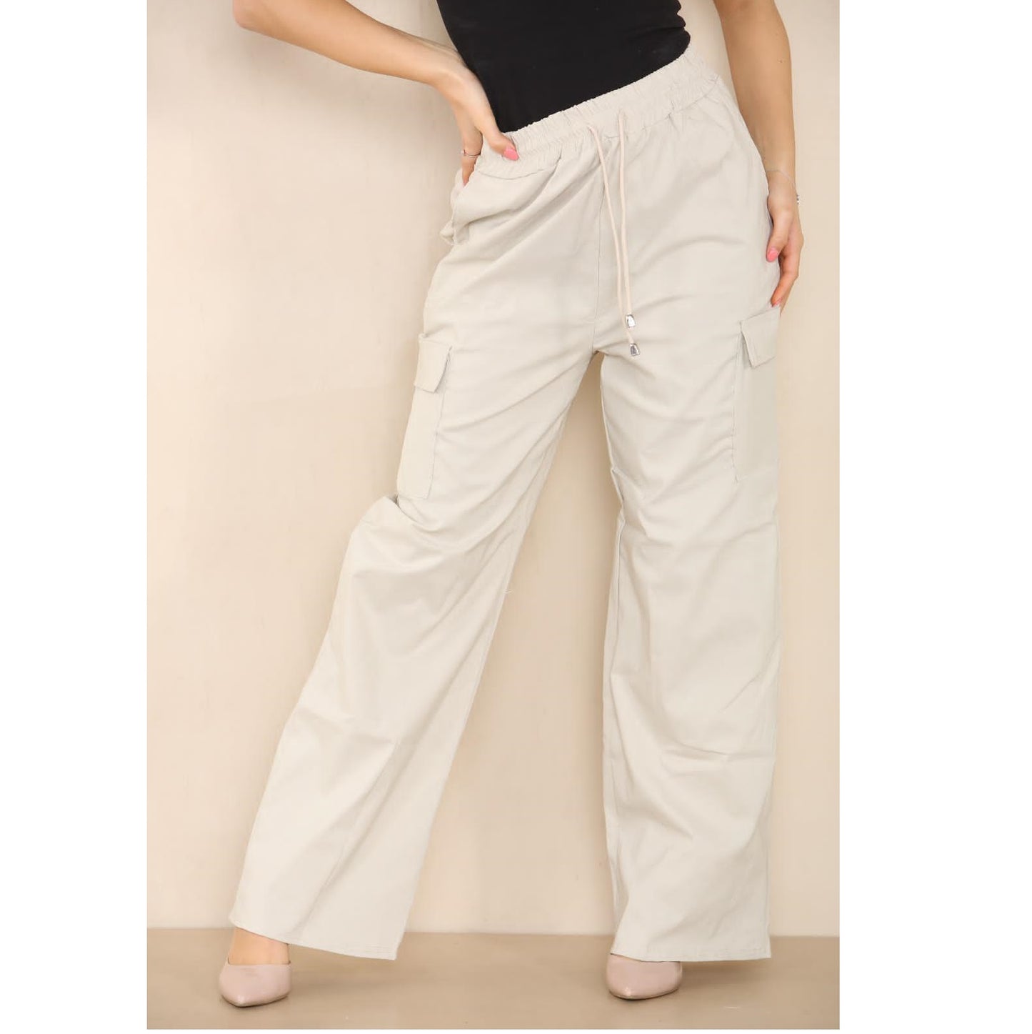 Ladies Combat Elastic Waist Band 4 Pocket Plain Wide Leg Plazzo Style Trouser