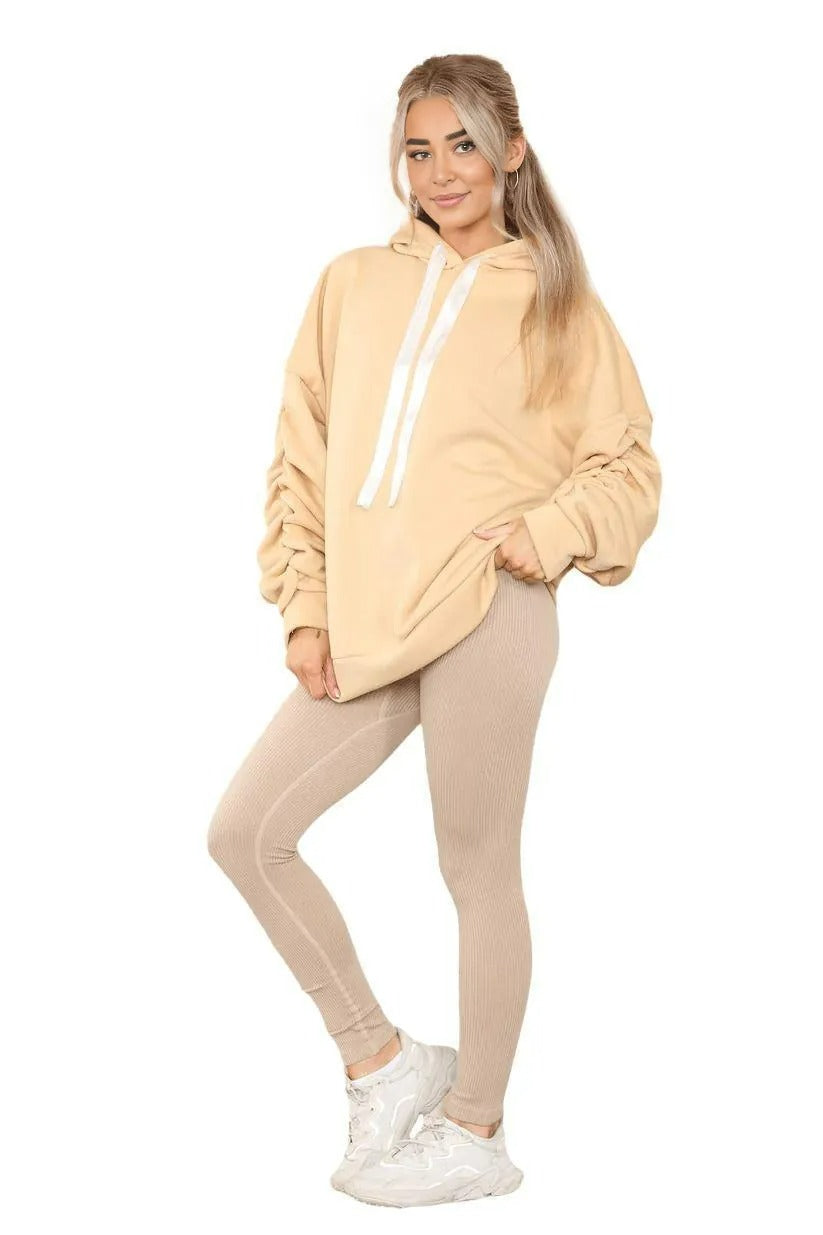 Womens Ladies Ruched Sleeve Fleece Hoodie Oversized Hooded Sweatshirt Jumper Top