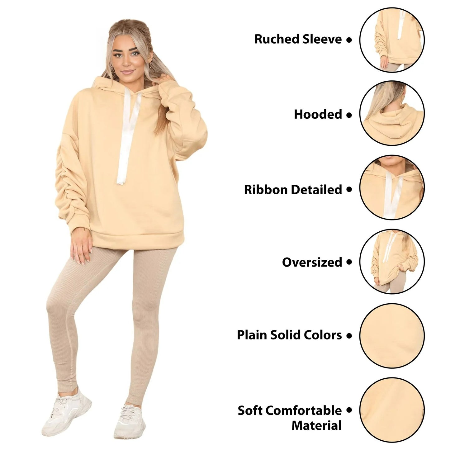 Womens Ladies Ruched Sleeve Fleece Hoodie Oversized Hooded Sweatshirt Jumper Top